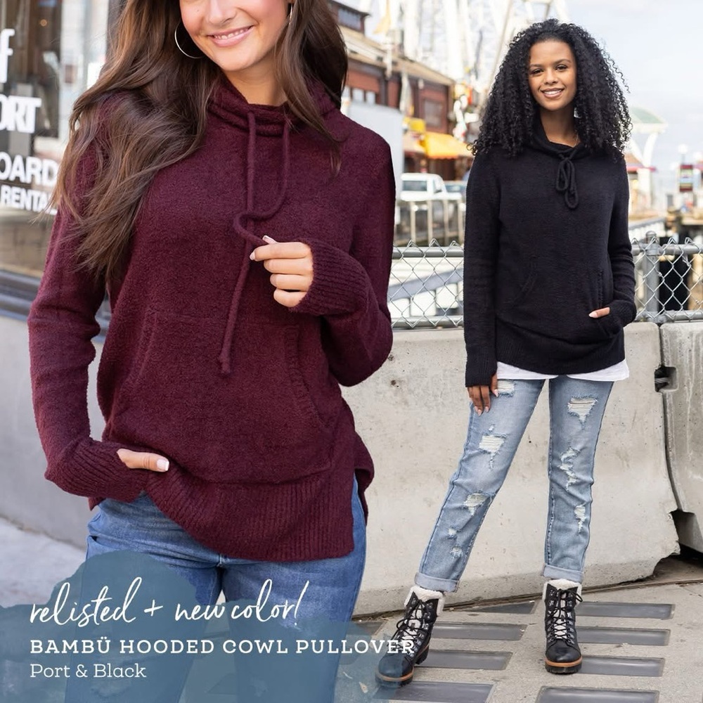 Grace & Lace Bambu Hooded Cowl Pullover in Port - Picture 2 of 9